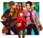  adachi_tohru basket big_bad_wolf_(cosplay) big_bad_wolf_(grimm) black_hair boots brown_eyes brown_hair cape child chiru_(sanifani) cosplay doujima_nanako doujima_ryoutarou dress flower gloves grandmother_(little_red_riding_hood) grey_hair grimm's_fairy_tales gun hair_ribbon hood hunter_(little_red_riding_hood) little_red_riding_hood little_red_riding_hood_(cosplay) little_red_riding_hood_(grimm) narukami_yuu necktie open_mouth persona persona_4 police pouch ribbon rifle seta_souji short_hair short_twintails sweat twintails weapon 