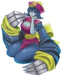  blue_hair blue_skin blush_stickers brown_eyes capcom darkstalkers hsien-ko jiangshi kneeling lei_lei lipstick mulupiyo open_mouth solo vampire_(game) 