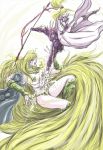  armor barbariccia blonde_hair cain_highwind cape cecil_harvey final_fantasy final_fantasy_iv helmet kuu_(pixiv582427) long_hair monster monster_girl pasties petrification polearm ponytail rosa_farrell spear statue very_long_hair 