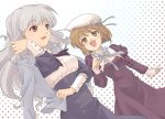  2girls beret bow brown_eyes brown_hair grey_hair hagiwara_yukiho hat idolmaster long_hair red_eyes ribbon shijou_takane short_hair smile 