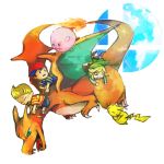  3boys artist_request blonde_hair charizard green_eyes hat kirby kirby_(series) link lowres lucas mother_(game) mother_2 mother_3 multiple_boys ness pikachu pokemon pokemon_(creature) smile super_smash_bros. the_legend_of_zelda wings 