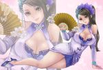  bad_id bare_shoulders black_hair breasts bridal_gauntlets chinese_clothes cleavage fan halterneck high_heels legs lips mole mulupiyo on_side shin_sangoku_musou shoes solo zhen_ji zoom_layer 