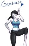  1girl barefoot black_hair breasts capri_pants closed_eyes long_hair midriff ponytail shining_dazzler solo spandex tank_top trainer_(wii_fit) white_skin wii_fit 