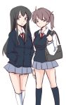  2girls akagi_(kantai_collection) alternate_costume bag black_eyes black_hair bookbag brown_eyes brown_hair commentary contemporary hands_in_pockets kaga_(kantai_collection) kantai_collection long_hair multiple_girls open_mouth personification ponytail sanpatisiki school_uniform side_ponytail sketch 