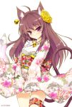 1girl animal_ears brown_hair cat_ears cat_tail earrings flower flower_on_head japanese_clothes jewelry kimono long_hair necklace original red_eyes simple_background solo tail two_tails won_(az_hybrid) 
