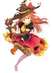  1girl colored_eyelashes dress earrings elbow_gloves frills gloves grin halloween hat highres jewelry lina_inverse long_hair orange_dress orange_hair pantyhose red_eyes shoes slayers smile solo staff striped striped_legwear veaml white_background witch_hat 
