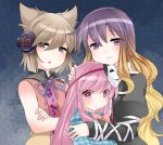  3girls blonde_hair blush bow brown_eyes brown_hair commentary_request earmuffs expressionless gradient_hair hammer_(sunset_beach) hata_no_kokoro hijiri_byakuren long_hair long_sleeves looking_at_viewer mask multicolored_hair multiple_girls noh_mask pink_eyes pink_hair plaid plaid_shirt purple_hair short_hair sleeveless smile touhou toyosatomimi_no_miko violet_eyes 