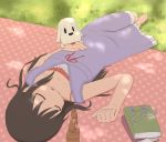  1girl bare_shoulders barefoot black_hair blanket book buddha carving closed_eyes collarbone dog dress flower glasses glasses_removed grass long_hair lying minakami_mai nichijou on_back outdoors parted_lips sleeping statue tomboo 