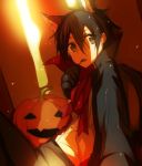  1boy animal_ears black_eyes black_hair fork halloween jack-o&#039;-lantern jianmo_sl kirito male paw_glovs pumpkin short_hair sword_art_online wolf_ears 