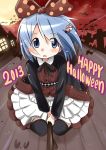  1girl alternate_costume bat blue_eyes blue_hair bow charlotte_(madoka_magica) costume dress hair_bow hair_ornament hairclip halloween mahou_shoujo_madoka_magica miki_sayaka moon night short_hair solo thighhighs u_u_(mooooooou) witch zettai_ryouiki 