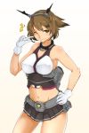  1girl blush breasts brown_hair gloves green_eyes kantai_collection large_breasts looking_at_viewer midriff mutsu_(kantai_collection) navel personification sagara1990 short_hair skirt solo white_gloves wink 