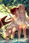  2girls absurdres bare_shoulders blonde_hair demon_horns forest ghostas highres horn horns long_hair multiple_girls nature original partially_submerged pointy_ears red_eyes redhead short_hair sitting smile water wings yellow_eyes 