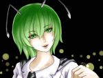  1girl antennae black_background bust cape fireflies firefly green_eyes green_hair head_tilt highres kazu_(rakugakino-to) looking_at_viewer parted_lips raised_hand short_hair simple_background solo touhou wriggle_nightbug 