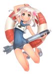  1girl bare_legs bare_shoulders blonde_hair blue_eyes crop_top highres kantai_collection lifebuoy long_hair looking_at_viewer mika_pika_zo neckerchief ro-500_(kantai_collection) sailor_collar school_swimsuit simple_background smile solo swimsuit swimsuit_under_clothes tan tanline u-511_(kantai_collection) white_background 