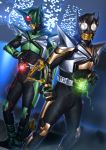  2boys belt cityscape gloves glowing highres kamen_rider kamen_rider_kabuto_(series) kamen_rider_kick_hopper kamen_rider_punch_hopper male mask multiple_boys night night_sky sky suzume_inui 