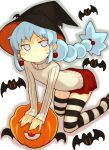  1girl bachera bat blue_hair blush earrings grey_eyes halloween hat jewelry long_hair long_sleeves looking_at_viewer original pumpkin skirt solo striped striped_legwear sweater thighhighs witch_hat zettai_ryouiki 