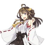  1girl ahoge black_eyes blush brown_hair detached_sleeves double_bun hairband hao_(patinnko) japanese_clothes kantai_collection kongou_(kantai_collection) long_hair open_mouth personification simple_background solo tears transparent_background wide_sleeves wink 