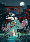  1girl absurdres armpits bandages beads blue_hair fireflies floral_print highres japanese_clothes katana kimono looking_at_viewer loose_clothes monogo moon mouth_hold night night_sky obi off_shoulder original red_eyes short_hair sky solo sword torii water weapon 