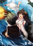  1girl a6m_zero ahoge arm_above_head black_eyes boots brown_hair fang hairband highres kantai_collection ken_(coffee_michikusa) kongou_(kantai_collection) long_hair nontraditional_miko open_mouth personification pleated_skirt skirt smoke solo thigh_boots thighhighs water wink 