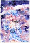  1girl butterfly frills hat japanese_clothes kimono off_shoulder pink_eyes pink_hair saigyouji_yuyuko solo touhou traditional_media triangular_headpiece watercolor_(medium) yukaxcat 