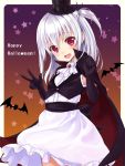  1girl bat black_gloves blush cape elbow_gloves fang gloves halloween hat irimo-m mini_top_hat open_mouth original red_eyes short_hair side_ponytail silver_hair smile solo star top_hat v 