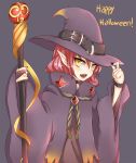 1girl black_nails bridal_gauntlets choker enki_(dragonfire) fang happy_halloween hat jewelry long_hair nail_polish open_mouth pink_hair pointy_ears ring simple_background solo staff witch witch_hat wristband yellow_eyes 