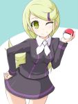  1girl ace_trainer_(pokemon) bent_over blonde_hair cowboy_shot hair_ornament hand_on_hip long_hair minitesu poke_ball pokemon pokemon_(game) pokemon_xy skirt smile solo wink yellow_eyes 