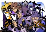  2boys animal_ears bandages bat blue_hair brown_hair fang fate/stay_night fate_(series) frankenstein frankenstein&#039;s_monster full_moon fur halloween hammer kotomine_kirei lancer long_hair moon multiple_boys ponytail red_eyes screw sexy44 stitches tail werewolf wolf_ears wolf_tail 