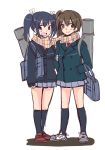  2girls alternate_costume arm_grab bag black_eyes black_hair bookbag brown_eyes brown_hair contemporary hair_ribbon hands_in_pockets hiryuu_(kantai_collection) kantai_collection looking_at_viewer multiple_girls open_mouth personification ponytail ribbon sanpatisiki scarf school_uniform shared_scarf side_ponytail sketch sleeves_past_wrists smile souryuu_(kantai_collection) twintails 