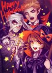  3boys bandages black_hair brown_eyes brown_hair costume dangan_ronpa fangs fujisaki_chihiro halloween hat ishimaru_kiyotaka long_hair lotter75 multiple_boys oowada_mondo red_eyes salute short_hair smile trap violet_eyes wand 