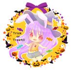  1girl animal_ears bat bunny_tail candy chibi ghost halloween hat jack-o&#039;-lantern jumping long_hair looking_at_viewer pumpkin rabbit_ears red_eyes reisen_udongein_inaba solo tail touhou trick_or_treat very_long_hair witch_hat yuzuki_(manabi0214) 