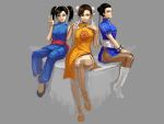  3girls artist_request bangle black_hair boots bracelet braid brown_eyes brown_hair bun_cover china_dress chinese_clothes chun-li cosplay costume_switch crossover dead_or_alive_5 eyeshadow female hair_ribbon hand_on_another&#039;s_shoulder jewelry ling_xiaoyu makeup multiple_crossover multiple_girls namco pai_chan pants pantyhose ribbon sash sega short_hair side_slit sitting smile spiked_bracelet spikes street_fighter tecmo tekken tekken_3 tekken_4 twin_braids twintails v virtua_fighter 