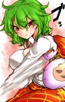  1girl blush breasts green_hair highres kazami_yuuka large_breasts looking_at_viewer plaid plaid_skirt red_eyes roki_(hirokix) short_hair skirt solo throwing touhou 