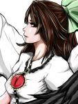  1girl bird_wings blouse bow breasts brown_eyes brown_hair cape hair_bow kazu_(rakugakino-to) lips long_hair looking_at_viewer nose parted_lips ponytail profile reiuji_utsuho side_glance simple_background solo third_eye touhou white_background 