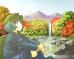  1girl backpack bag blue_eyes blue_hair boots dress forest hair_bobbles hair_ornament hat kawashiro_nitori landscape long_sleeves looking_away mountain nature pocket river rock rubber_boots scenery shiratama_(hockey) shirt short_hair short_twintails sitting skirt skirt_set sky smile solo touhou tree twintails water waterfall 