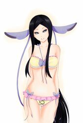  1girl bare_shoulders bikini black_hair blue_eyes bow breasts cleavage frilled_bikini frills hair_ornament highvoltage long_hair mache_(pokemon) navel pokemon pokemon_(game) pokemon_xy ribbon smile solo swimsuit very_long_hair 