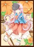  &gt;_&lt; 1girl bow candy cat_mask expressionless face_mask flower frame hata_no_kokoro jack-o&#039;-lantern lollipop long_hair long_sleeves mask mouth_hold pink_eyes pink_hair pumpkin shirt sitting skirt solo touhou very_long_hair wide_sleeves yuuhagi_(amaretto-no-natsu) 