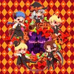  1girl 4boys blonde_hair blue_hair bow brown_hair caren_hortensia chibi child_gilgamesh demon_girl dual_persona fate/hollow_ataraxia fate/stay_night fate_(series) gilgamesh goldenslumbers grey_hair halloween hat highres jack-o&#039;-lantern kotomine_kirei lancer multiple_boys scythe succubus top_hat waiter werewolf witch_hat 