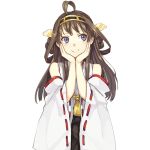  1girl ahoge black_eyes blush brown_hair detached_sleeves double_bun hairband hands_on_own_cheeks hands_on_own_face hao_(patinnko) japanese_clothes kantai_collection kongou_(kantai_collection) long_hair personification simple_background smile solo transparent_background wide_sleeves 