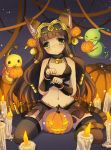 1girl animal_ears bastet_(p&amp;d) brown_hair cat_ears cat_tail cockeyed crown dark_skin emia_wang green_eyes halloween jewelry long_hair paw_pose puzzle_&amp;_dragons solo tail thighhighs 