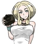  1girl bare_shoulders blonde_hair blue_eyes blush breasts camera highres large_breasts pokemon pokemon_(game) pokemon_xy rough saka_i_hirokadu short_hair smile solo tank_top viola_(pokemon) 