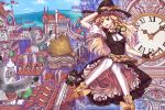  1girl blonde_hair braid broom broom_riding goggles goggles_around_neck hat hat_ribbon highres holding holding_hat kirisame_marisa long_hair ribbon side_braid solo thighs touhou town white_legwear witch_hat xiaoai yellow_eyes 