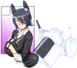  1girl black_hair blush breast_suppress breasts cannon circle_cut cleavage eyepatch fingerless_gloves gloves headgear huge_breasts kantai_collection necktie personification short_hair st.germain-sal sweatdrop sweater tenryuu_(kantai_collection) v-neck yellow_eyes 