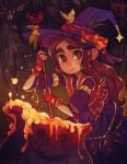  1girl armlet ava&#039;s_demon brown_eyes brown_hair cauldron dress fingerless_gloves frog gloves hair_ribbon hat highres long_hair michelle_czajkowski multicolored_eyes red_eyes ribbon solo stirring vest witch witch_hat 