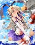  1girl anchor artist_request black_panties blonde_hair blush elbow_gloves gloves hair_ornament hairband headband highres kantai_collection long_hair panties rensouhou-chan setsubun shimakaze_(kantai_collection) skirt striped striped_legwear tagme thigh-highs underwear wet wet_clothes white_gloves 