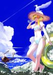 1girl beach benitama bikini blonde_hair blush bottle breasts character_request clouds crab crustacean drinking green_eyes hat innertube navel open_mouth sandals short_hair sky solo swimsuit tied_shirt water 