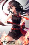 1girl akame akame_ga_kill! bare_arms belt black_hair breasts character_name collar collarbone elbow_gloves fire gloves highres long_hair looking_away necktie nikkunemu red_eyes skirt solo sword weapon 