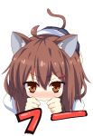  1girl :&gt; ahoge animal_ears blush brown_eyes brown_hair cat_ears cat_tail close-up hair_ornament hairclip highres hiss ikazuchi_(kantai_collection) kantai_collection kemonomimi_mode looking_at_viewer personification short_hair solo tail yunotimo 