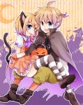  1boy 1girl :q ahoge animal_ears aqua_eyes black_gloves blonde_hair blush brother_and_sister candy cape cat_ears cat_tail dress earrings fang gloves hair_ornament hairclip halloween jewelry kagamine_len kagamine_rin lollipop noki_(potekoro) open_mouth pointy_ears puffy_sleeves short_hair short_sleeves siblings sitting sitting_on_lap sitting_on_person skirt smile striped striped_legwear swirl_lollipop tail thighhighs tongue tongue_out twins vocaloid 