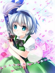  1girl blue_eyes hair_ribbon katana konpaku_youmu looking_at_viewer nagare object_hug petals puffy_sleeves ribbon shirt short_sleeves silver_hair skirt skirt_set solo sword touhou vest weapon 